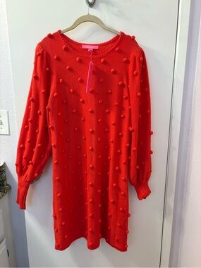 Lilly Pulitzer Large NWT Kippa Sweater Dress Ruby Red Pom Pom Knit PTP 21-27